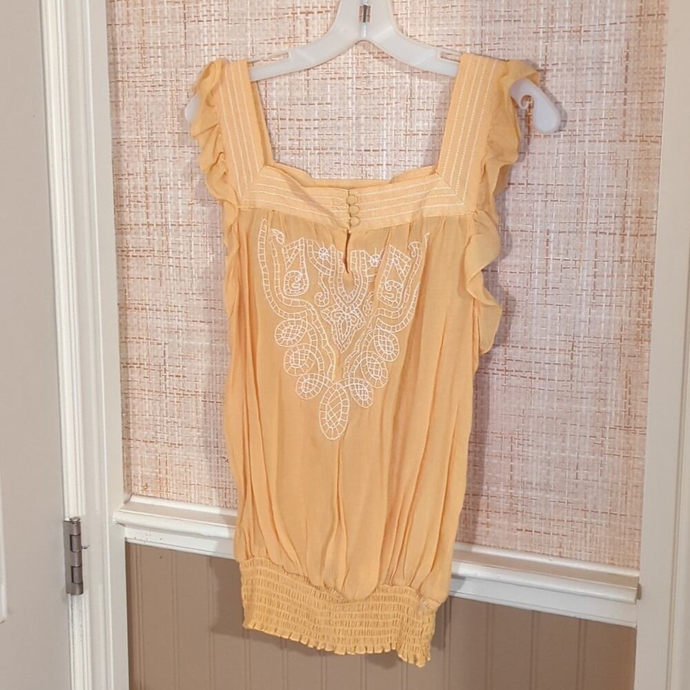 Strawberry Yellow Gauzy Boho Box Neck Ruffle Cap Sleeve Smocked Hem Top Size L